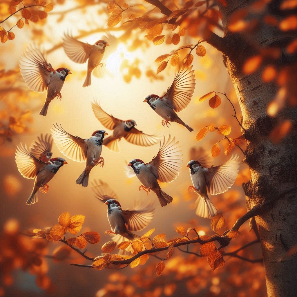 Happy sparrows in October